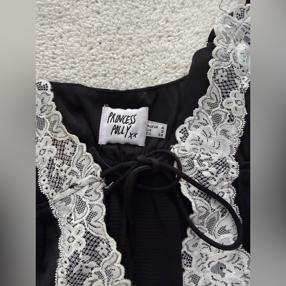 Princess Polly Black Cami with White Lace Trim and Front Tie - Picture 2 of 2